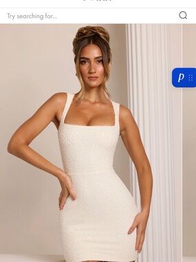 Oh Polly Cream Embellished Square-Neck Mini Dress